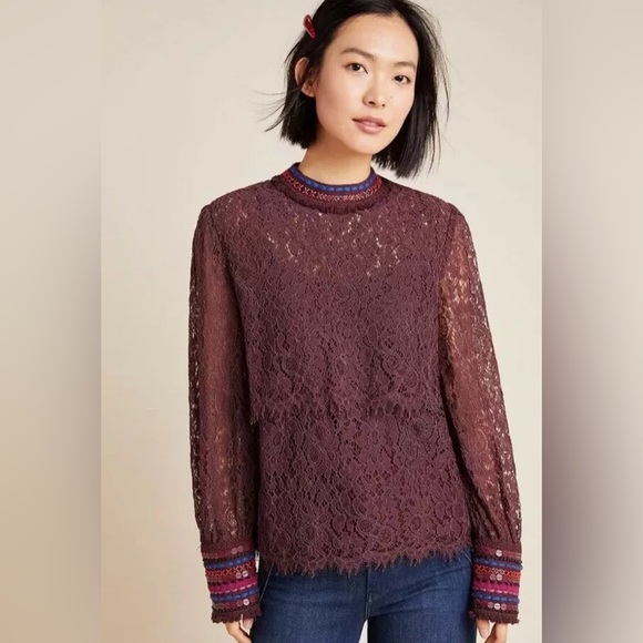 NWT $118 Bl-nk Savannah Lace Top Anthropologie Leather Beaded Fringe Shirt Small - Picture 1 of 8